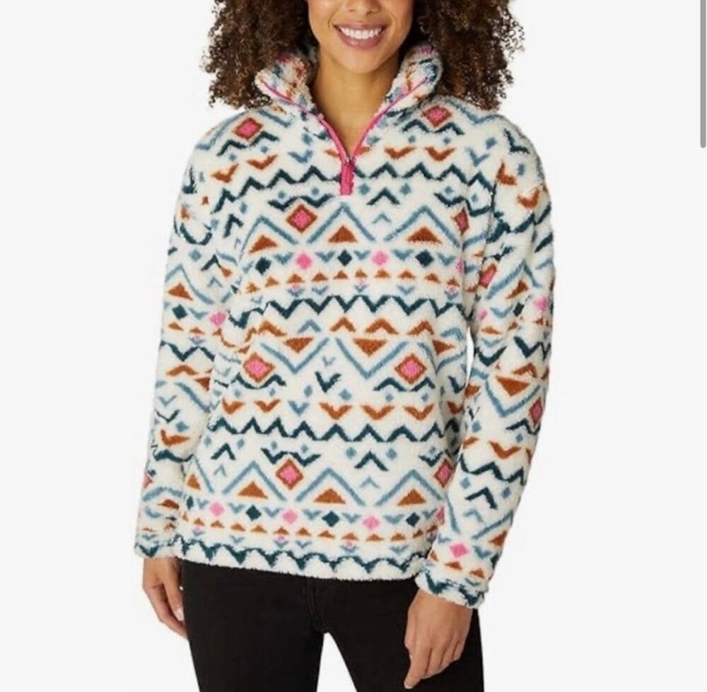 Eddie Bauer XL Aztec Print 1/4 Zip Pullover Teddy Bear Fleece Fuzzy Soft